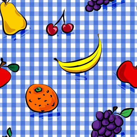 Seamless collection of grungy, crude, rough outline hand drawn fruits with shadows over blue gingham pattern, perfect picnic table cloth.のイラスト素材