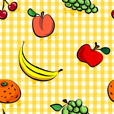 Seamless collection of grungy, crude, rough outline hand drawn fruits with shadows over yellow gingham pattern, perfect picnic table cloth.のイラスト素材