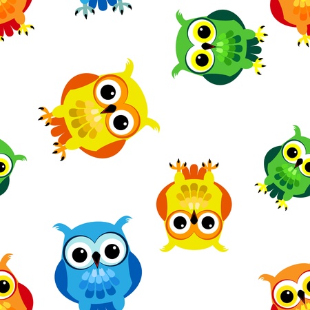 Seamless pattern of cute and fun cartoon owls in colorful yellow, blue, green and orange, perfect kid design.のイラスト素材