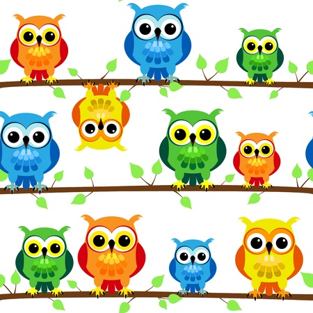 Seamless pattern of cute and fun cartoon owls in colorful yellow, blue, green and orange perched on a tree branch with leaves, perfect kid design.のイラスト素材