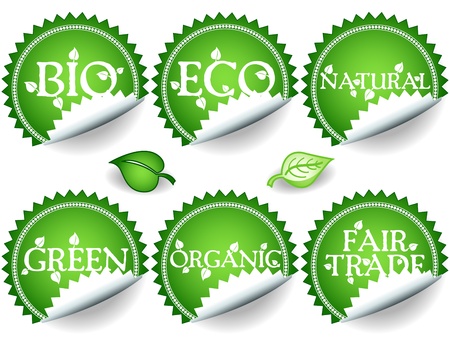 Fun collection of green shade stickers with different environemental or sustainable development related messages: bio, eco, natural, green, organic, fair trade.のイラスト素材