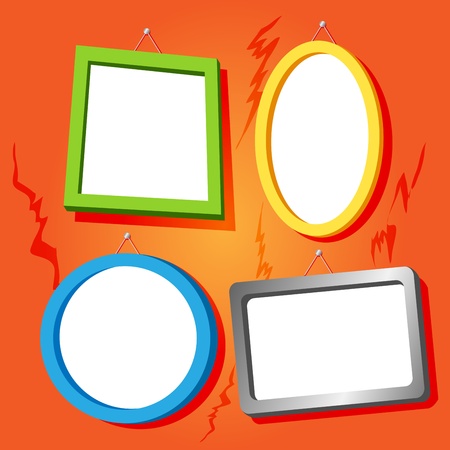 Set of fun empty frames in bright colors for your text or images hung on cracked old house orange wall.のイラスト素材