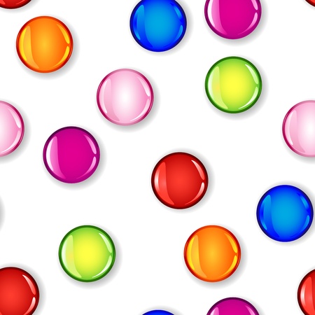 Fun seamless pattern made of glossy circles or bubbles in pale and dark pink, red, blue, lime green and orange, all with shadows over white background.のイラスト素材