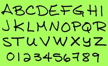 Complete alphabet handwritten in capital letters with numbers, black ink felt tip marker look.のイラスト素材