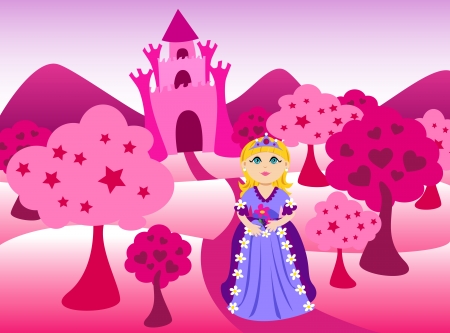 Cute cartoon of a blond little princess, dressed in pink in fron of pink castle landscape.のイラスト素材