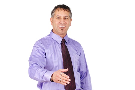 Friendly middle age man, can be salemans or profesionnal, smiling and ready to shake hand.の写真素材