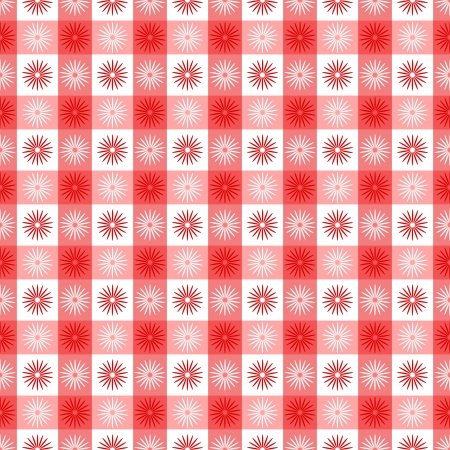 Seamless red gingham geometrical pattern with floral or sun symbols, fun fabric, wallpaper or background.のイラスト素材
