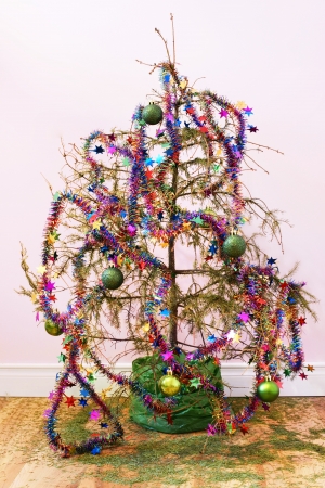 End of the holidays or other concept: dead fir Christmas tree with dried up needles all over the wood floor; star garland and ornaments left in the tree.の写真素材