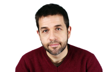 Great detail portrait of a middle aged caucasian man with short beard, smiling, good or ordinary guy concept, candid studio shot.の写真素材