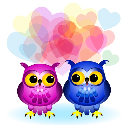 Cute and fun cartoon owls, one pink and one blue, looking at each other with lots of multiple transparent hearts in the background, great love or Valentine's day card.のイラスト素材