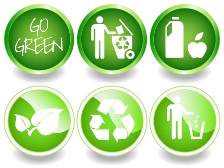 Green stickers or labels, recycling symbol, leaves, recycle, trash, wholosome food. のイラスト素材