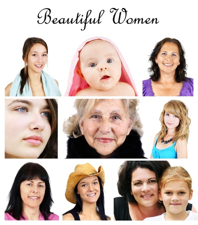Collage of women portrait from infant to senior, all on whiteの写真素材