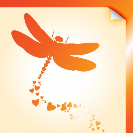 Peeling paper dragonfly decal with heart shapes over orange metallicのイラスト素材
