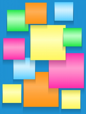 Colorful paper squares, yellow, blue, orange, pink, green, or stickies on blue bulletin boardのイラスト素材