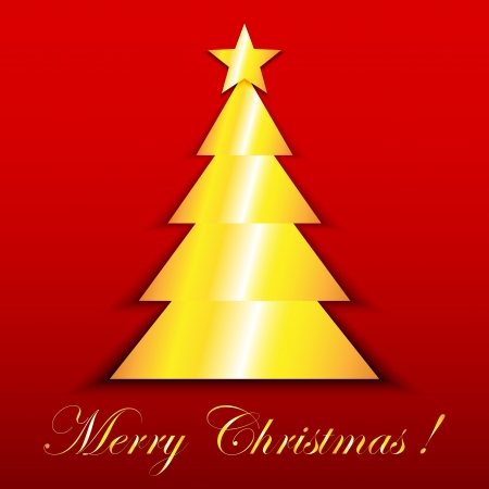 Gold star and christmas tree on red, Merry Christmas greeting cardのイラスト素材
