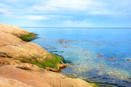 Beautiful coast with rocks, algae and the blue sea, kayaks very far.の写真素材