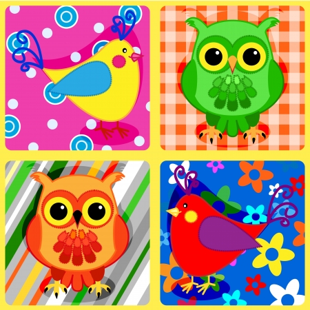 Seamless patchwork pattern with colorful owls and other birdsのイラスト素材