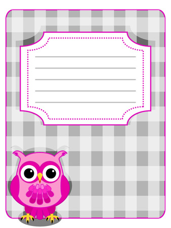 Pink owl on grey gingham pattern with design labelのイラスト素材