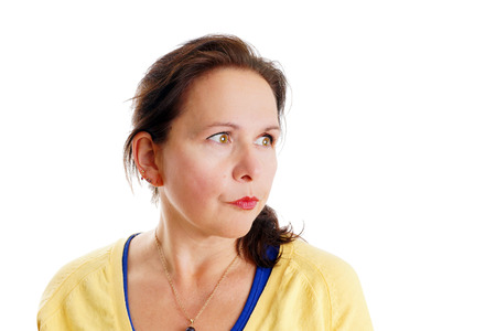 Woman looking away, thinking, upset on white