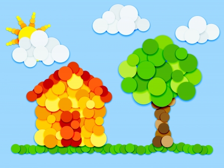 Fun landscape, house, trees, sun and clouds made of color circles with shadows on blue backgroundのイラスト素材