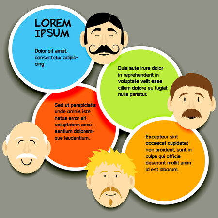 Faces of men with mustaches over color tags for text, flat illustrationのイラスト素材