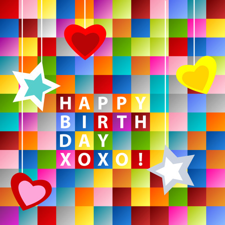 Happy birthday card, with ornament over colorful squares backgroundのイラスト素材