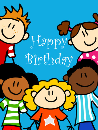 Birthday card with cute kid cartoon characters looking at youのイラスト素材