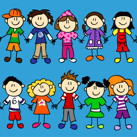 Seamless two rows of cute kid cartoon characters holding handsのイラスト素材