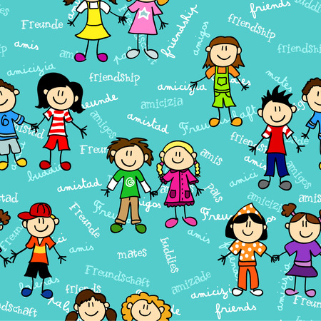 Seamless cute kid cartoon characters pattern with friendship related text in various languagesのイラスト素材