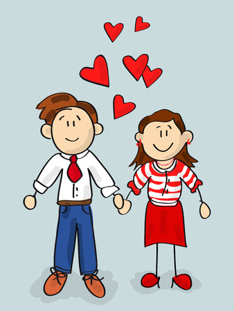 Happy couple cartoon Valentine card with little heartsのイラスト素材