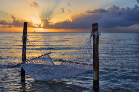 Tropical paradise, hammock over the sea at sunset の写真素材
