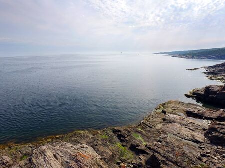 Aerial view of rugged coastline, St.Lawrence river, Quebec, Canadaの写真素材