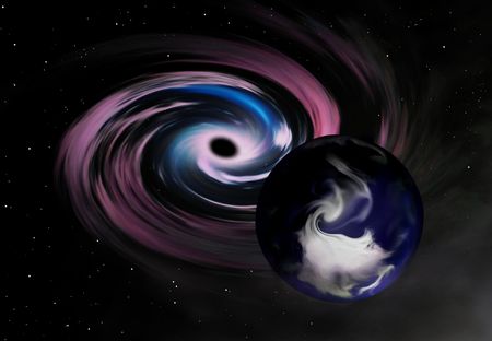 Earth close to a black hole (artistic simulation).の写真素材