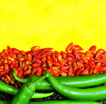Hot pepper theme with red green and yellow.の写真素材