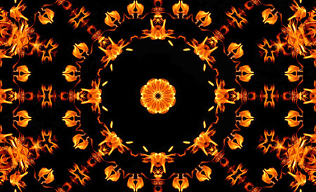 Brilliant & bright flames on solid black make a wonderful kaleidoscope pattern in this abstract background.の写真素材