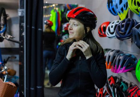 Portrait of a young woman in a helmet in a bicycle shopの写真素材