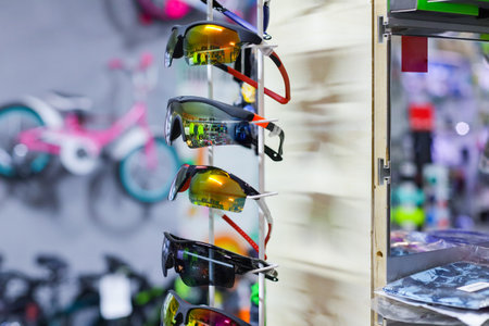 Sunglasses on display in a shop, closeup of photoの写真素材