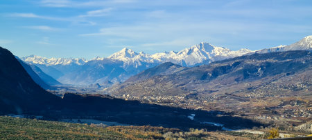 Panoramic view of the snow-capped mountainsの写真素材