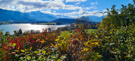 Panoramic view of the lake and mountains in Bavaria, Germanyの写真素材