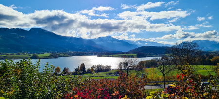 panoramic view of lake Lucerne, Switzerland, in the fallの写真素材