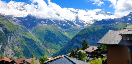 Panoramic view of the mountains and the villageの写真素材