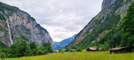 Panoramic view of the valley and the village in the Swiss Alps