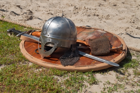 Viking weaponry  Sword, shield and helmet at a historical reenactment festival held in Abalak, Siberia  Russia の写真素材
