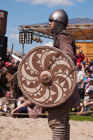 TOBOLSK, RUSSIA - JULY 6:  Unidentified participant in medieval fight at a historical reenactment festival \"Abalaksky field\"  held in Abalak village on July 6, 2013, in Tobolsk, Siberia, Russiaのeditorial素材