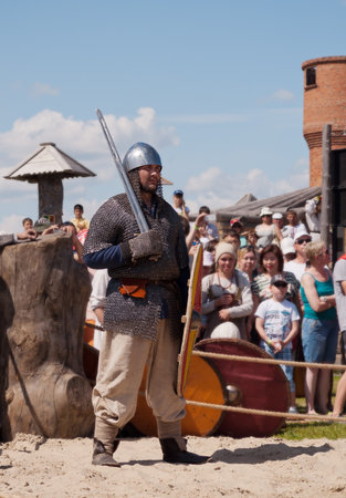 TOBOLSK, RUSSIA - JULY 6:  Unidentified participant in medieval fight at a historical reenactment festival \"Abalaksky field\"  held in Abalak village on July 6, 2013, in Tobolsk, Siberia, Russiaのeditorial素材