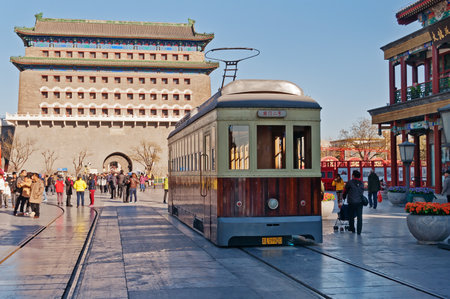 EIJING, CHINA - DEC 5  Old tram in Qianmenl street in Beijing on Dec 5, 2013  The earliest tram service in Beijing was 1899 and street cars were the chief form of public transit from 1924 until 1950のeditorial素材