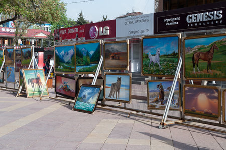 ALMATY, KAZAKHSTAN - MAY 6, 2014: Pedestrian zone street Jibek Joly. Arbat Shopping street is a nice place to visit when visiting Almaty, as itâs filled with artists selling their worksのeditorial素材