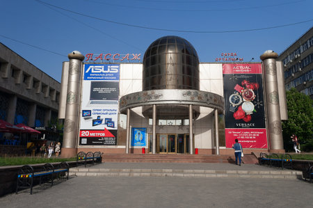 ALMATY, KAZAKHSTAN - MAY 6, 2014: Shopping center Passage on street Jibek Joly. Arbat Shopping street is a nice place to visit when visiting Almaty, as itâs filled with artists selling their worksのeditorial素材