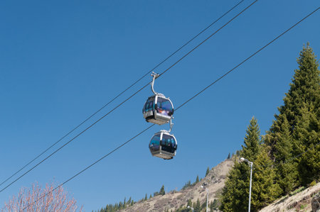 Ski lifts to Shymbulak ski resort. It is located in the upper part of the Medeu Valley in the Zaiilisky Alatau mountain range, at the elevation of 2200 meters above sea level.のeditorial素材