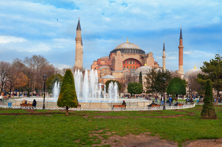 ISTANBUL, TURKEY, DEC 4, 2014: Aghia Sophia with fountain in square. Hagia Sophia is a former Greek Orthodox church, later an imperial mosque, and now a museumin Istanbul.のeditorial素材